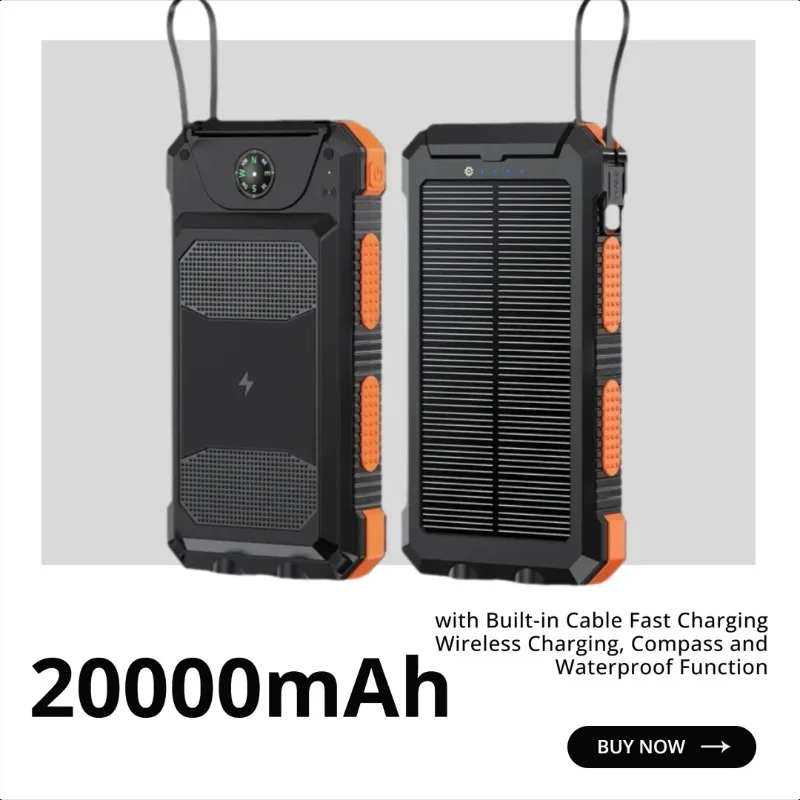 

Солнечный Power Bank на 20000 мАч со встроенным кабелем, быстрой и беспроводной зарядкой, компасом и водонепроницаемой функцией