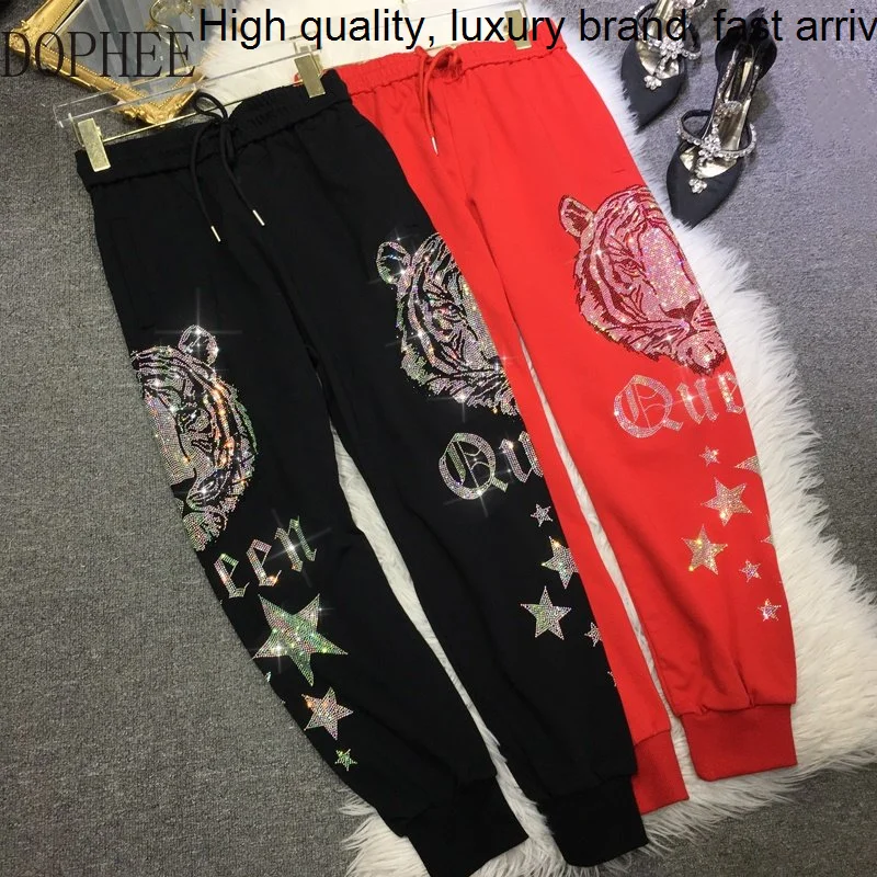 Domineering Tiger Luxury Hot Drilling Women Sweatpants Drawstring Elastic High Waist Sports Pants Streetwear Casual Long Trouser