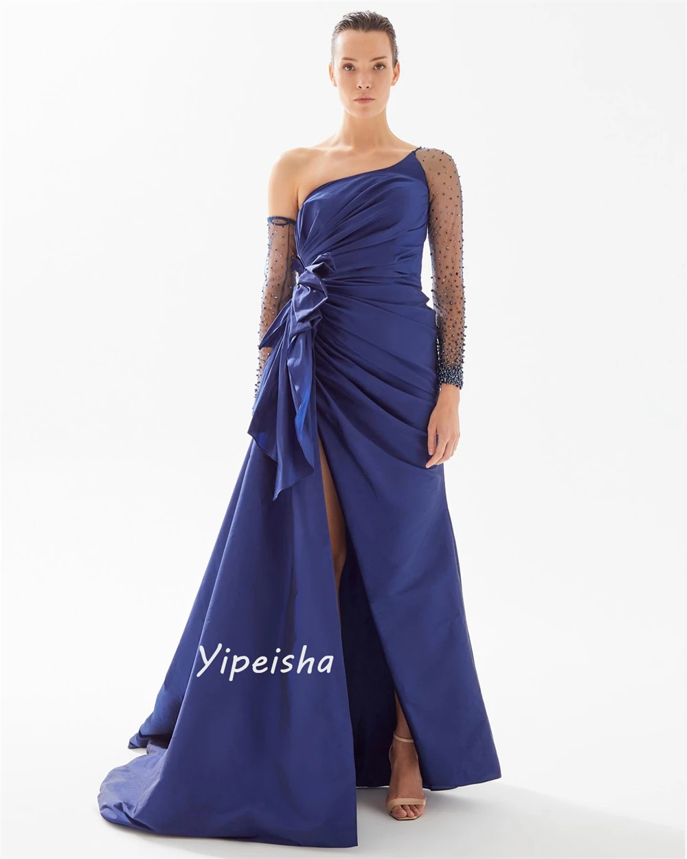 ที่กําหนดเอง Yipeisha แฟชั่นที่กําหนดเองหนึ่งไหล่ A-Line ประดับด้วยลูกปัด Bows Tulle Draped Shirred Charmeuse es