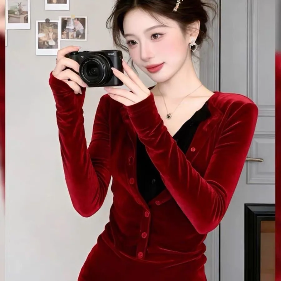 

Fashionable Red Velvet Slim Fit Shirt Women's Autumn Winter New Style Two-Piece Look Trendy Commute Style V-Neck Long Sleeve