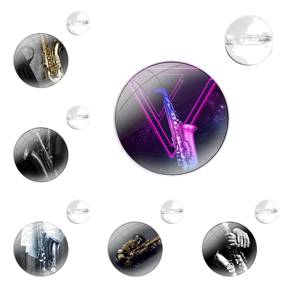 Glass Dome Brooches Shirt Lapel Bag Cute Badge Pins For Clothes Hat Accessories Saxophone Jazz Music Series