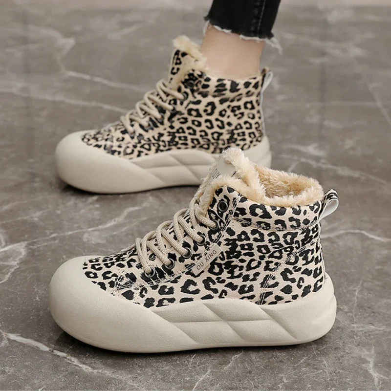 Warm Sneakers for Women Winter Fashion Leopard Print Sports Padded Shoes Woman Comfort Fur Trainers Skateboard Boots Footwear