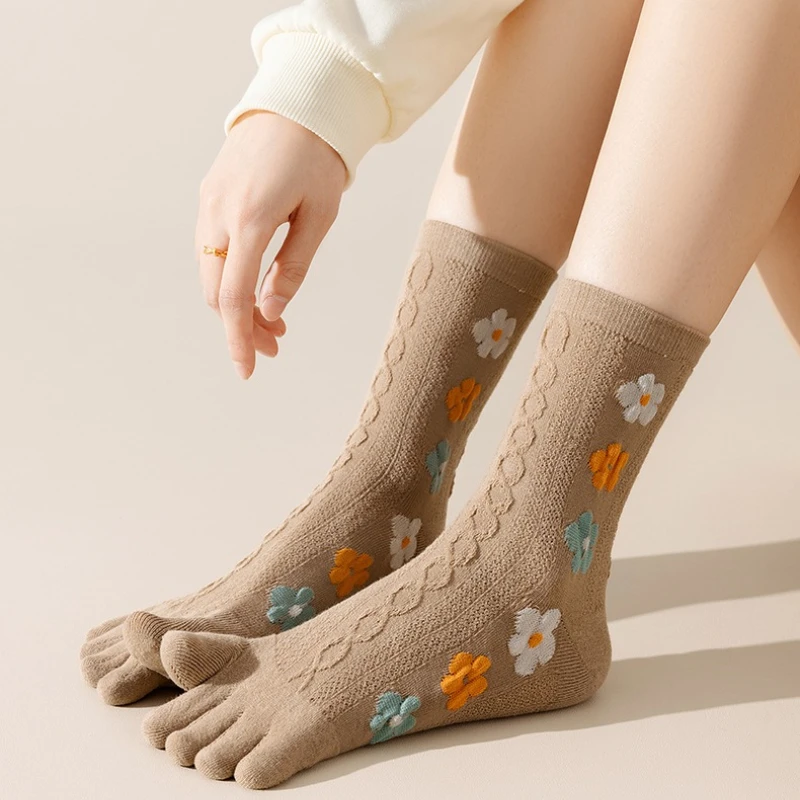 5 par damskich skarpetek z wkładką środkową, cienkich, bawełnianych, oddychających, pochłaniających pot, uroczych skarpetek damskich z małym kwiatkiem na palcach, idealnych na wiosnę i lato.