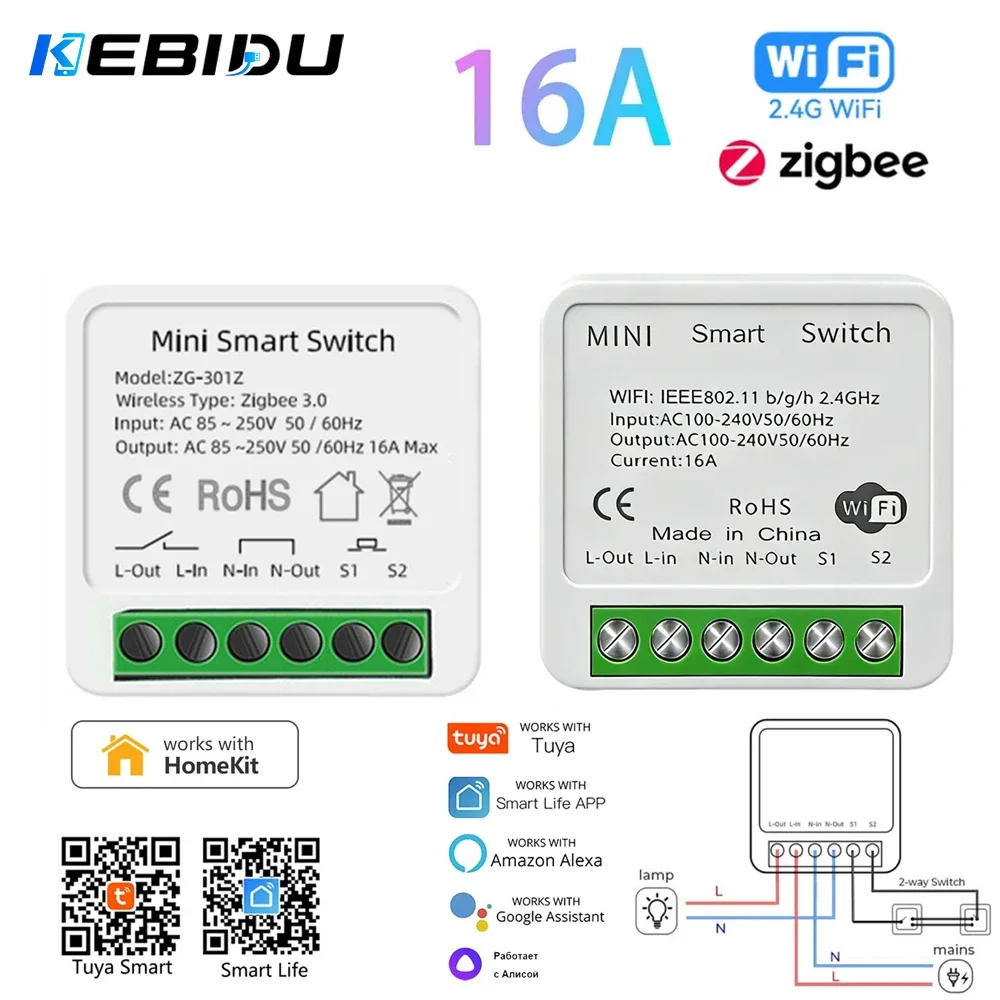 KEBIDU Tuya Smart Home Fernbedienung ZigBee WiFi Smart Switch 16A Mini-Schalter Sprachsteuerung für Homekit Alexa Google Alice
