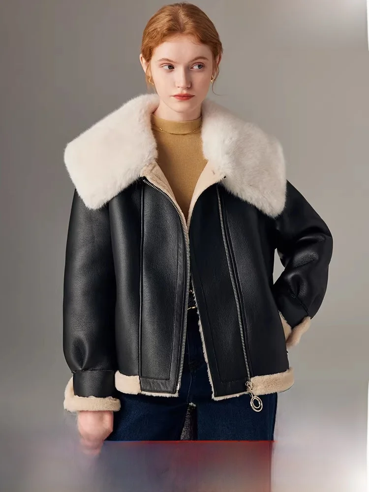 

Australian Motorcycle Sle Thiened Fur Coat Gold Mink Velvet Collar Inteated Leather And Fur Women's Outerwear eepskin