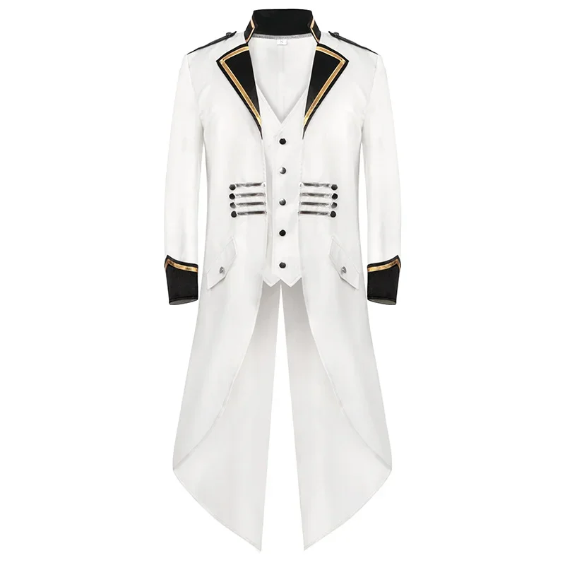 New Men\'s Retro Tailcoat White Long Jacket Gothic Steampunk Victorian Cosplay Costume Frock Coat Single Breasted Swallow Uniform