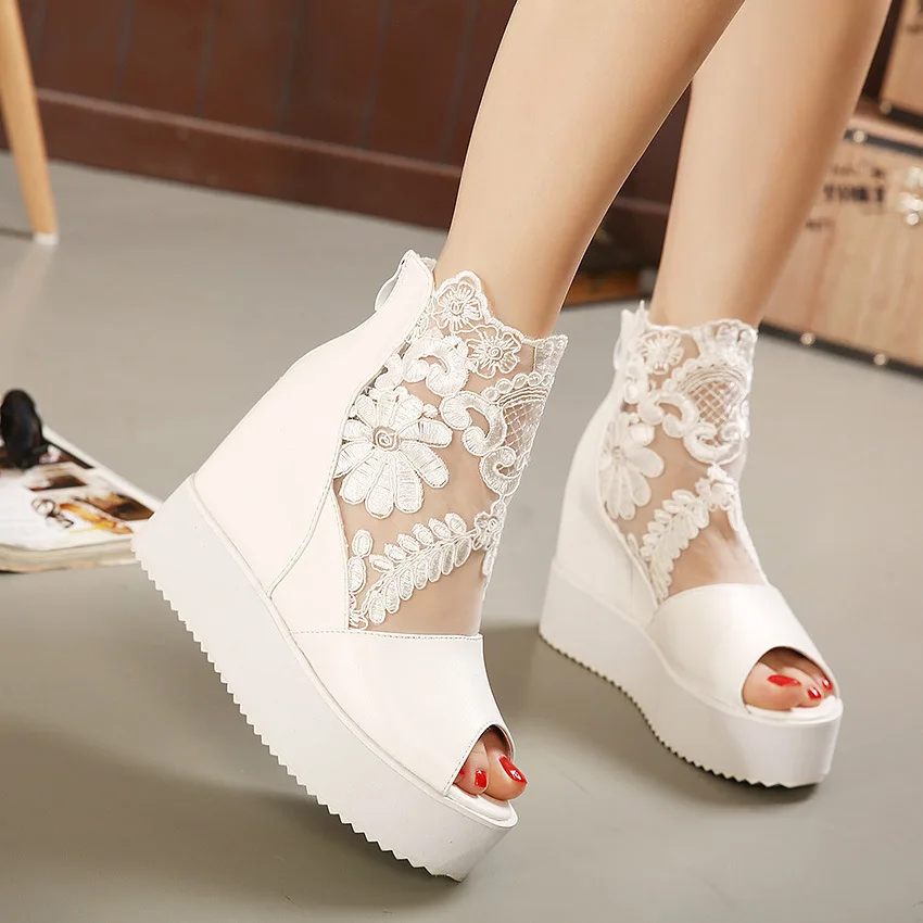 

New Women's Wedges Lace Sandals Summer New Fashion Mesh Peep Toe Platform High Heel Women Sandals Sexy Party Dress Women Sandals