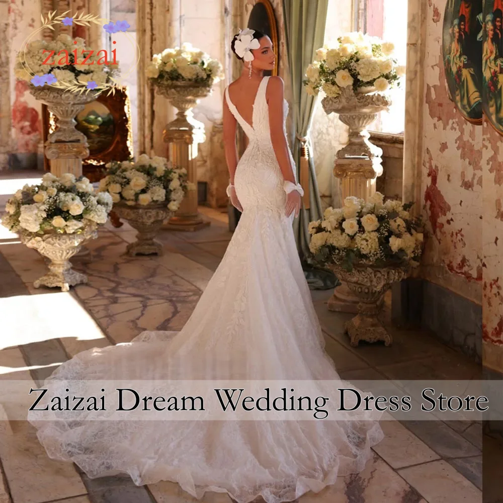 Customized Shoulder Straps Deep V-Neck Backless Beads Sequins Appliques Lace Mermaid Wedding Dresses Vestido De Noiva Sereia