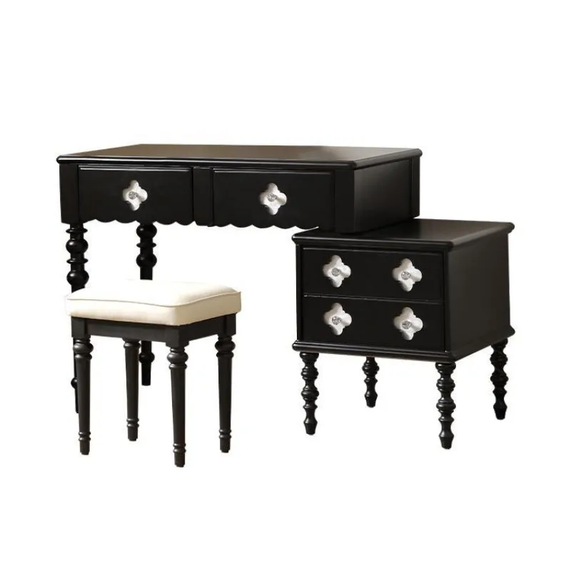 

French retro dresser, black chest, integrated retractable and adjustable bedside table, antique makeup table, all solid wood