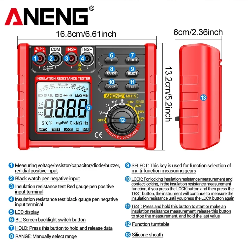 ANENG MH15 Digitale Ohmmeter Isolatieweerstandsmeter 6000 Count Weerstandstesters Condensatortest Megohmmeter Hoogspanningsgereedschap