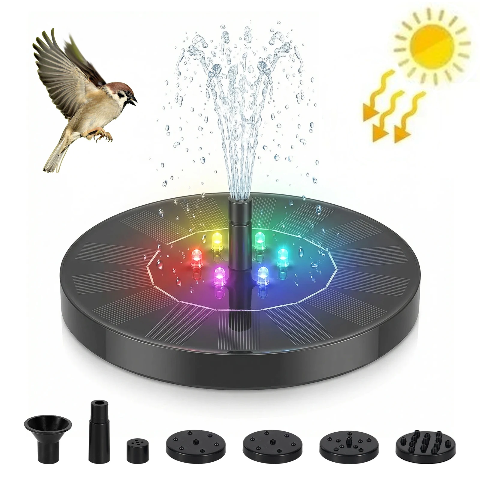 Solar Fountain Pump With Colorful LED Light Outdoor Bird Bath Floating Solar Powered Water Pump Fountain for Garden Pond