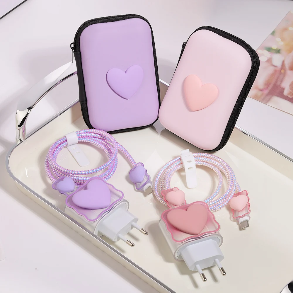 3D Love Heart Data Cable Protective Cover For iPhone 11 15 16 Pro Max 14 13 12 18W 20W Charger Cases Wire Winder Cable Organizer