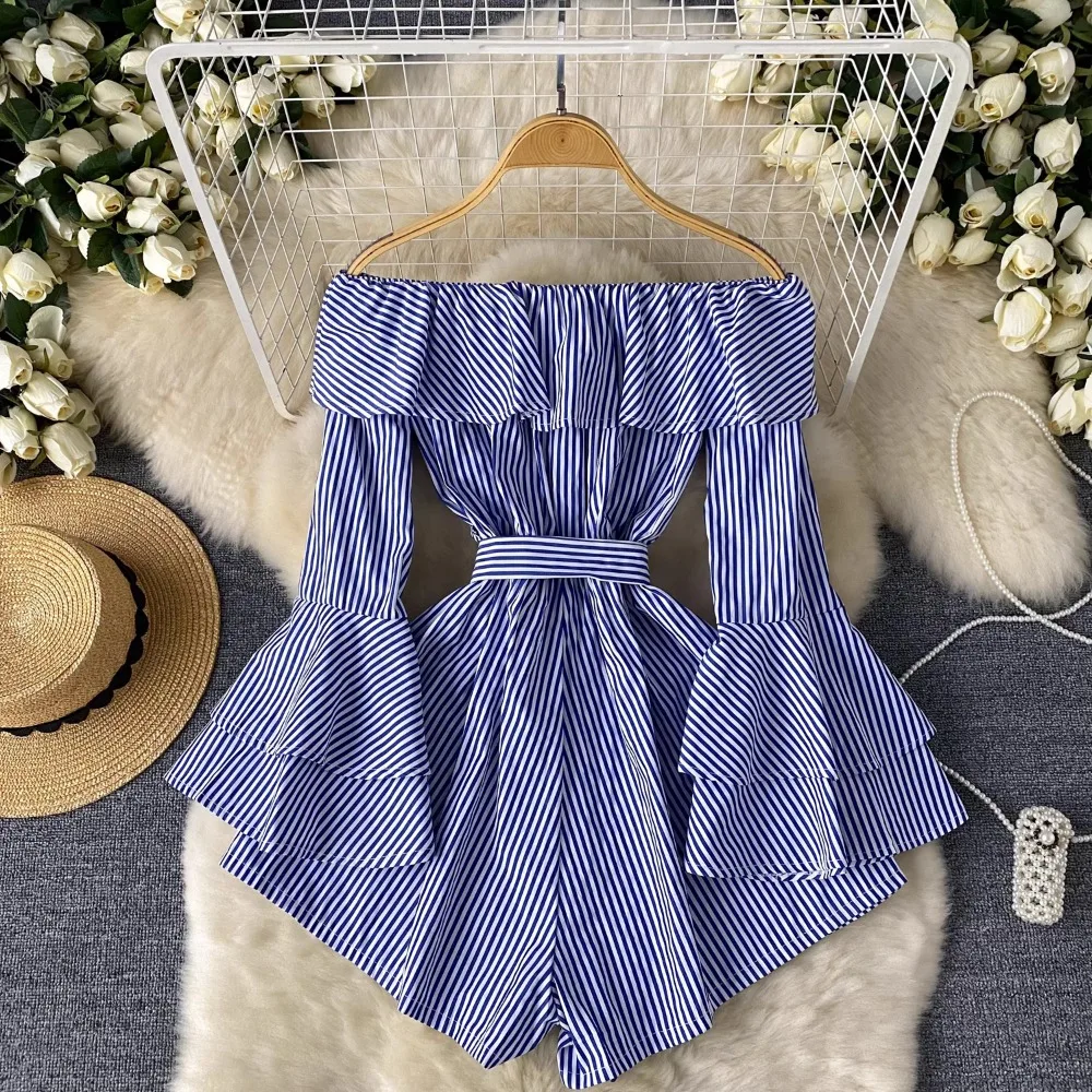 Chic Sweet Off Shoulder Striped Ruffle Jumpsuit Vintage Slash Neck High Waist Romper French Casual Spring Summer Women Playsuit