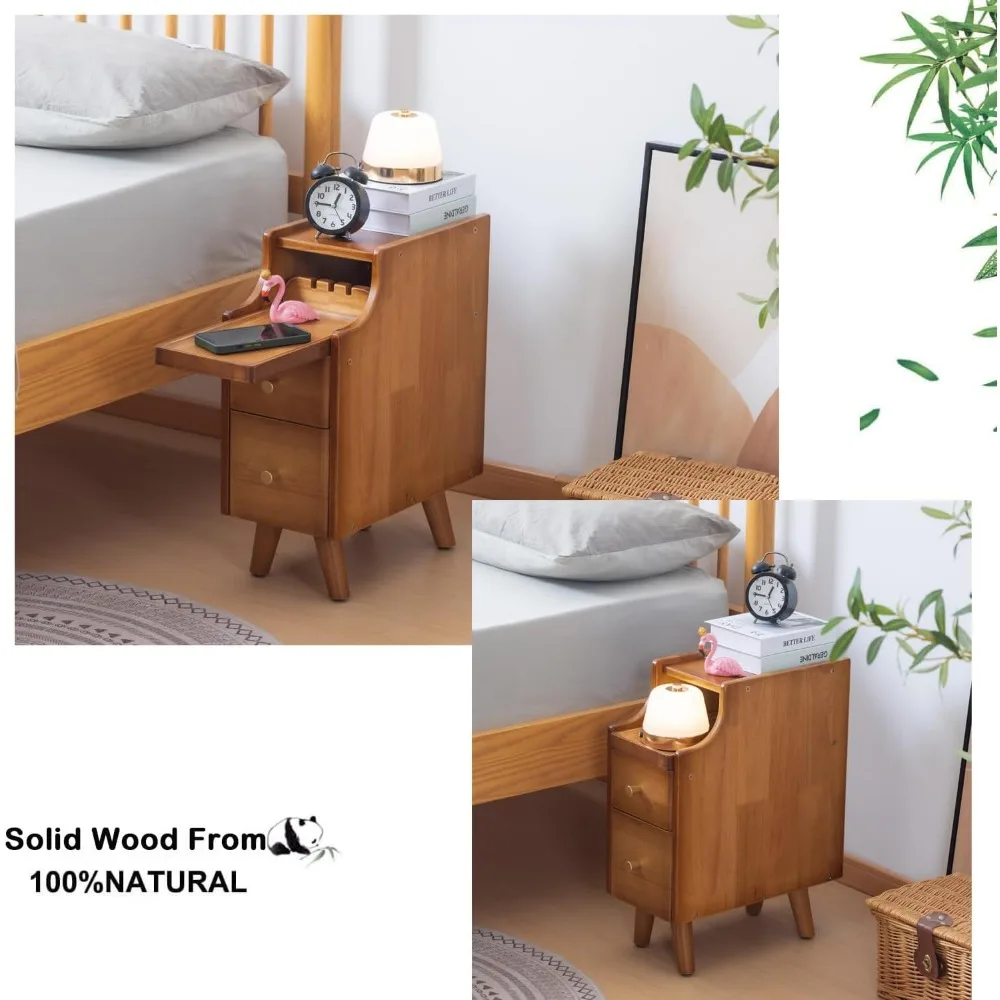 منضدة من الخشب الصلب بدرجين مع رف تخزين، طاولة بجانب السرير ضيقة صغيرة من خشب الجوز، عريضة 7.87 لغرفة النوم