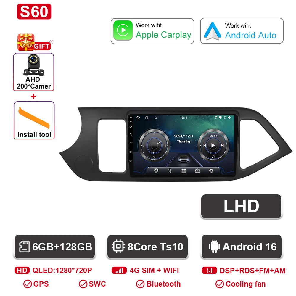 Android 16 Voor KIA PICANTO Ochtend 2011 2012 2013 2014 2015 2016 Carplay Auto Multimedia Autoradio Navigatie Speler WIFI + 4G DSP