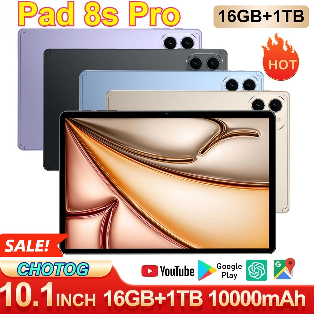 CHOTOG Pad 8s Pro Tablet Android 5G Global Version Tablet-PC 5G Dual-SIM 10,1 Zoll HD-Tablets 22GB RAM 2TB ROM 10000mAh Akku GPS Gesichtserkennung WIFI 5G GPS Gesichtserkennung Dual-SIM 4G LTE 5G