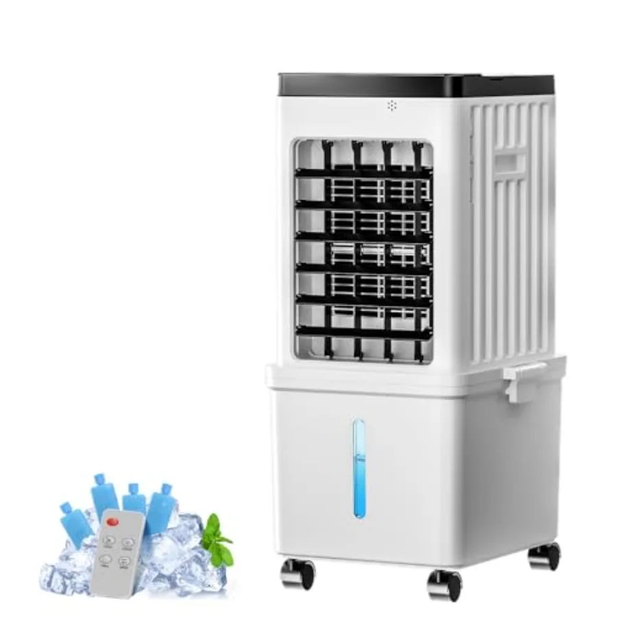 

Portable AC unit for bedroom/office/garage: 3-in-1 evaporative air cooler, dehumidifier fan; plastic housing, white; 2.6-gal re