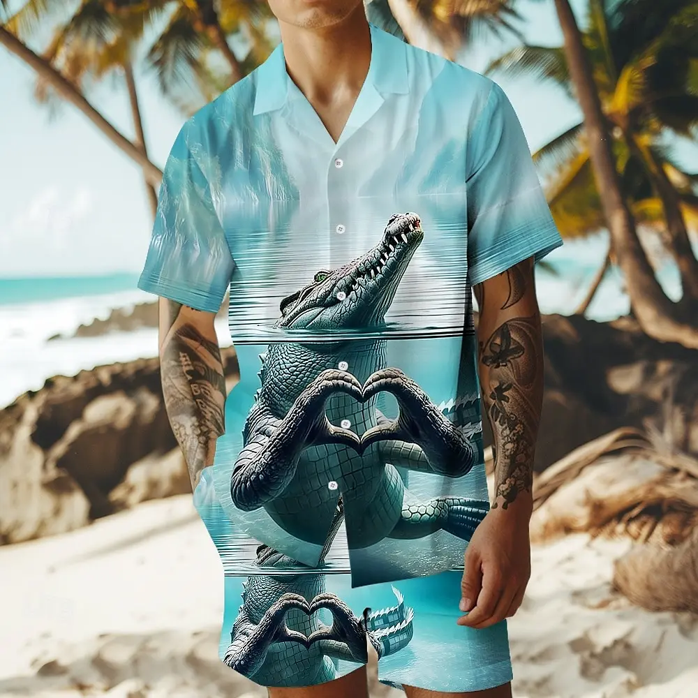

Hawaiian Summer Crocodile Print Men's Shirt and Shorts Two-Piece Set Casual Vacation Men's Shirt Set Short Sleeve Button Shirt