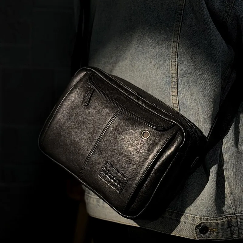 Retro genuine leather crossbody bag for men vegetable tanned cowhide single shoulder bag for casual commuting postman bag.