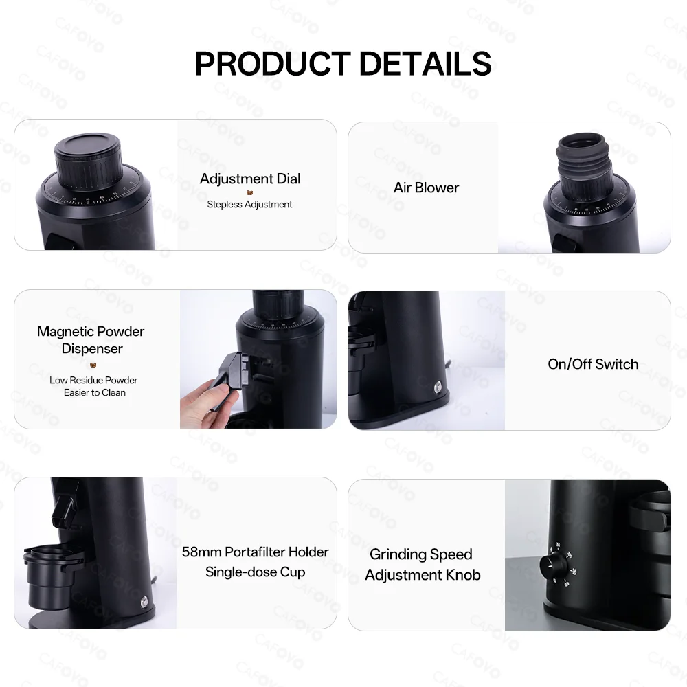 مطحنة قهوة كهربائية أحادية الجرعة من CAFOVO، سرعة قابلة للتعديل، بلازما مضادة للكهرباء الساكنة، مخروطية الشكل/دغ مسطح، مطحنة إسبريسو G155CV/G150FV