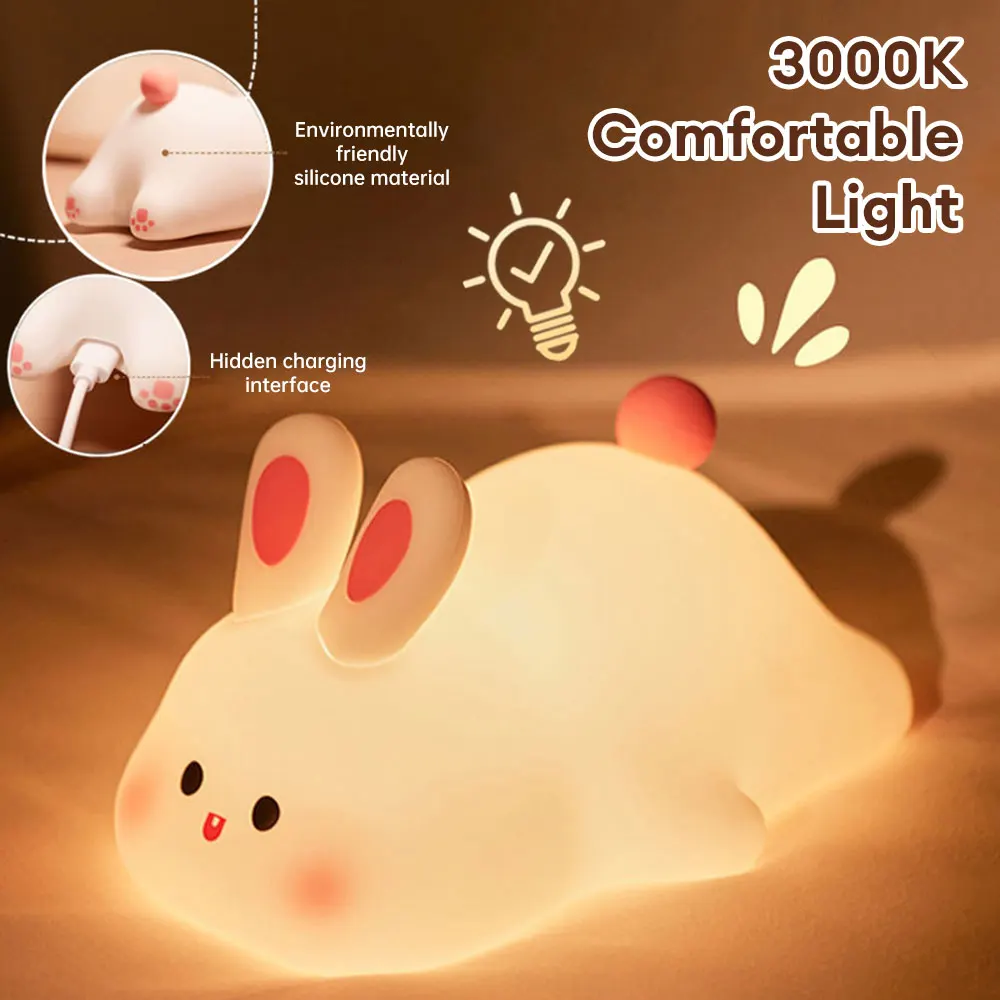 LED Cute Rabbit Silicone Lamp USB Rechargeable Timing Bedside Decor Light 3 Level Dimmable Breastfeeding Nursery Night Light