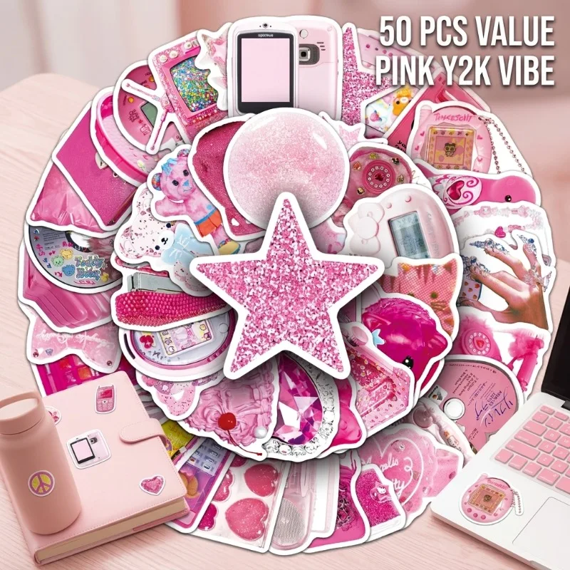 

50Pcs Pink Y2K Cartoon Stickers Sweet Korean Style Fresh Design Ideal for Mobile Phone DIY Decoration Tea Cup and Journal