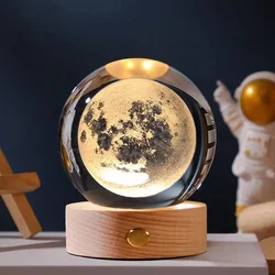 8cm Glowing Planetary Crystal Ball Night Light Led Bedside Light Milky Way Light Ornament Solid Wood Base USB Night Lamp