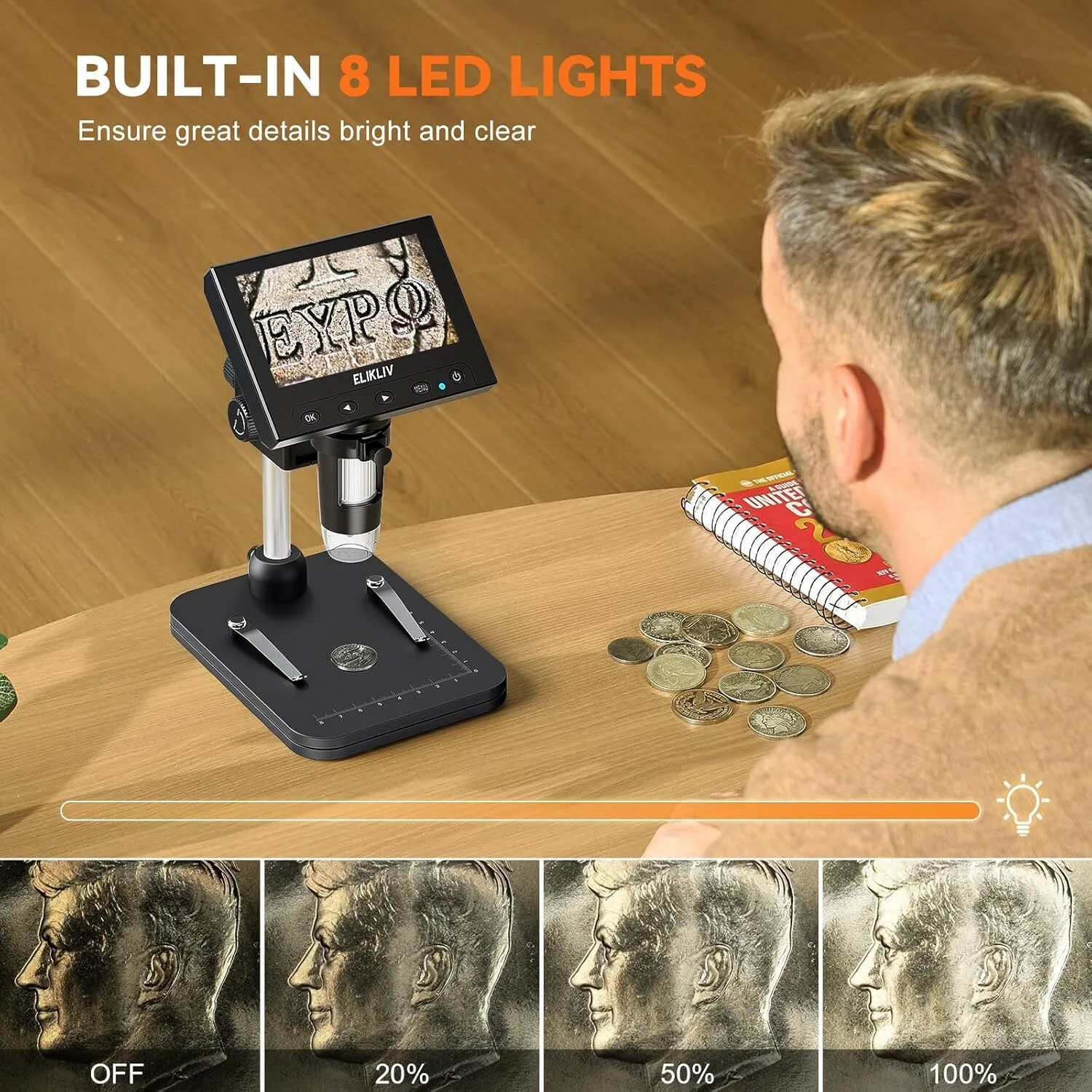 Image of Elikliv EDM4 4,3 Zoll 1000x Digitalmikroskop für Elektronikreparatur, LCD-Münzlupe mit LED-Beleuchtung für PC Windows