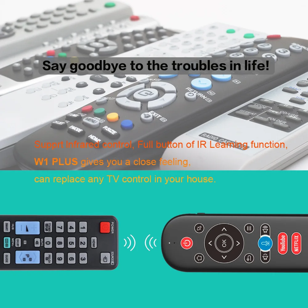 W1 Plus 2.4G Wireless with Voice Control IR Learning Gyroscope Air Mouse Remote for Android Window OS TV BOX