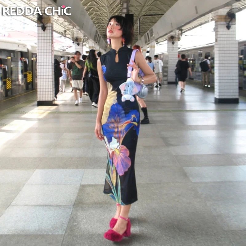 

ReddaChic летнее китайское платье Cheongsam без рукавов с цветочным принтом, облегающее платье Ципао с русалкой, летняя элегантная женская одежда