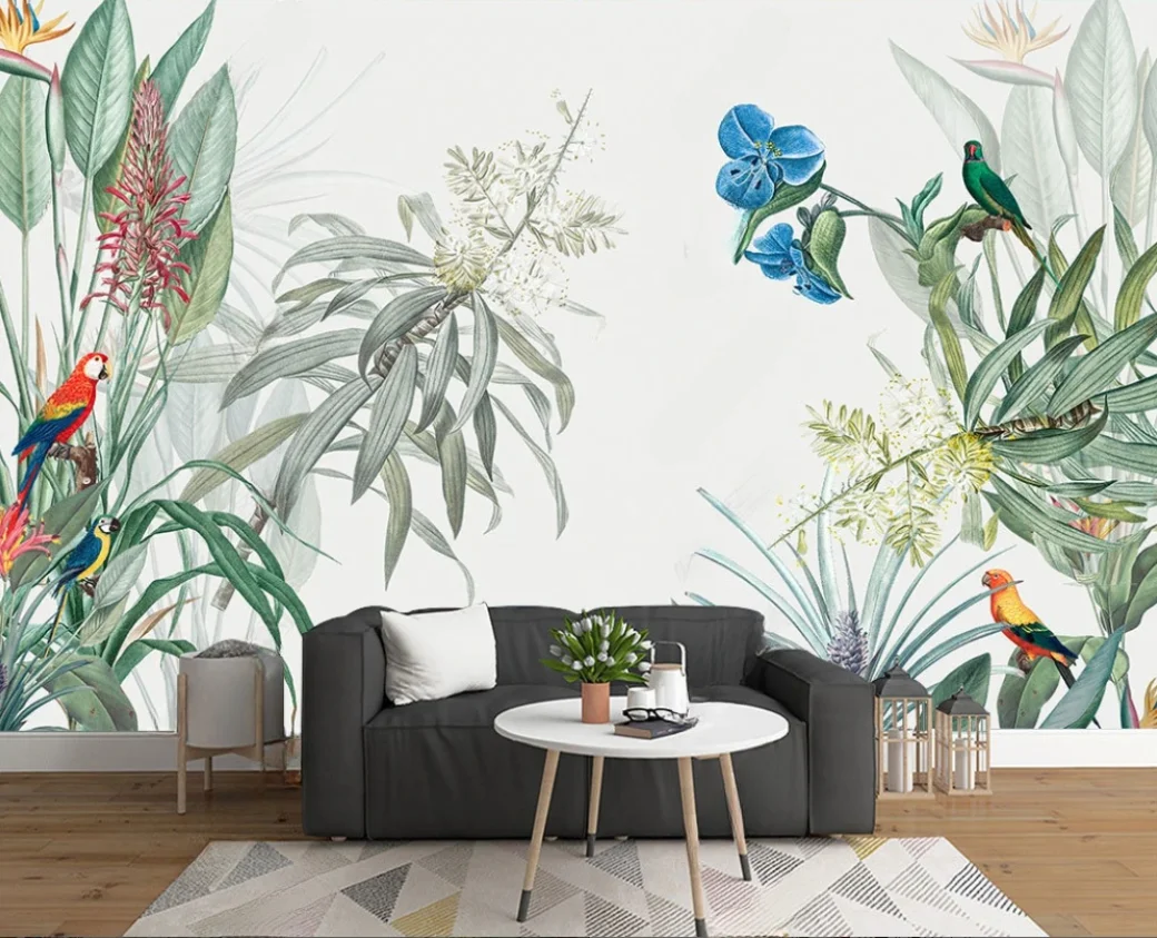 Custom size mural hand-painted tropical rainforest plant wallpaper home decoration leaves flowers flying birds decoration mural