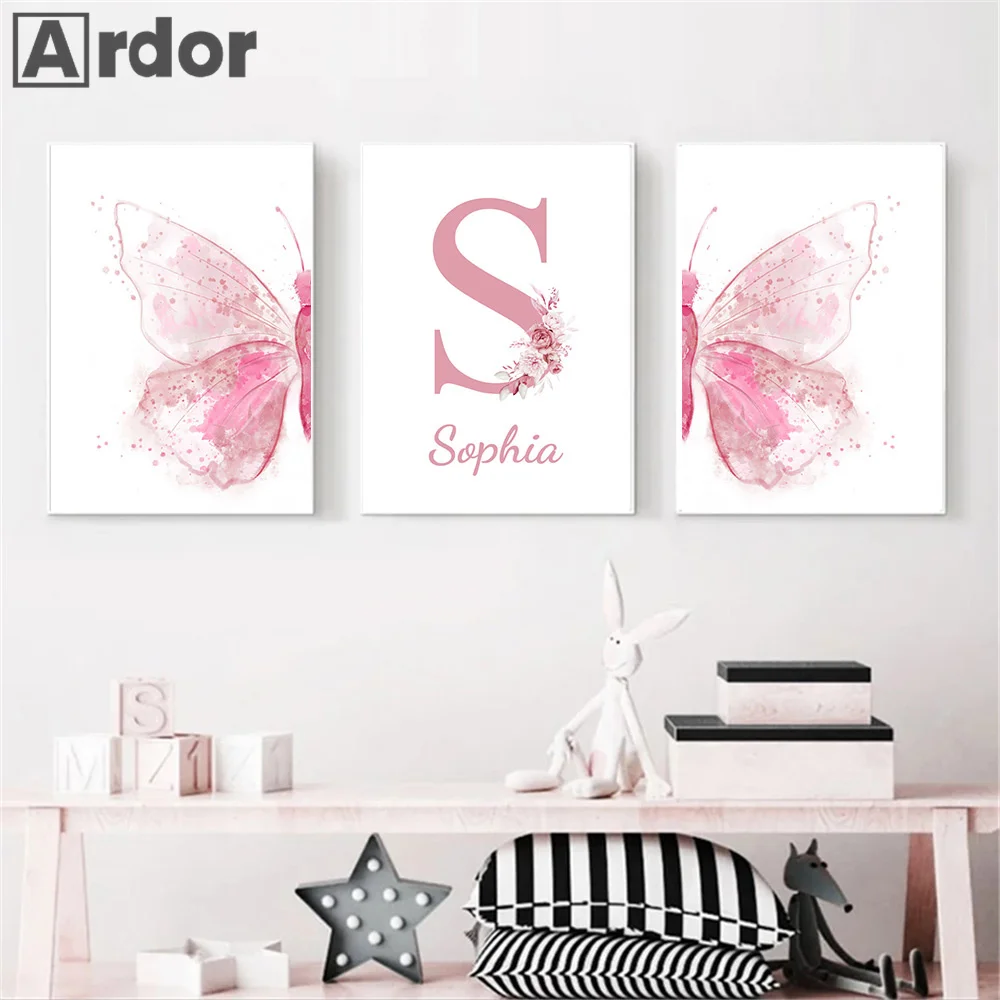 

Custom Name Pink Butterflies Nursery Posters And Prints Wall Art Mural Canvas Painting Nordic Pictures Baby Kids Girl Room Decor
