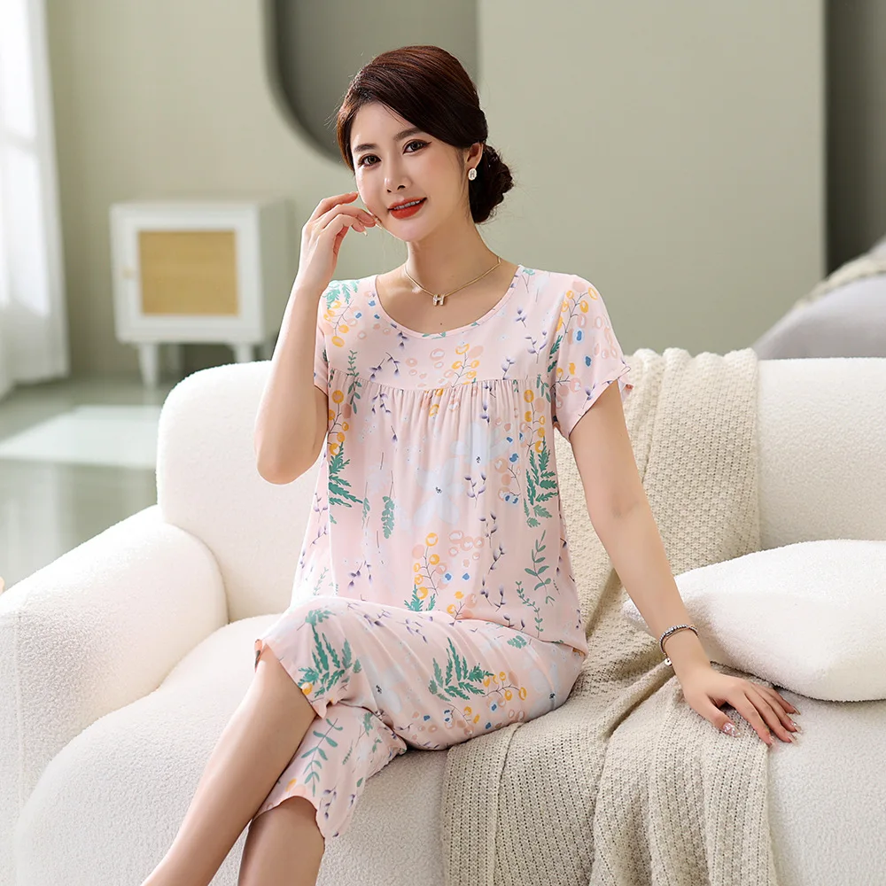 Oversize 3XL 4XL Sleepwear Female 2PCS Pajamas Summer Short Sleeve Viscose Nightwear Pijamas Suit Casual Print Flower Homewear