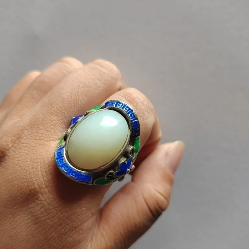 Vintage Old Silver Inlaid White Jade Open Ring, Antique Patina Lucky Amulet Jewelry Gift