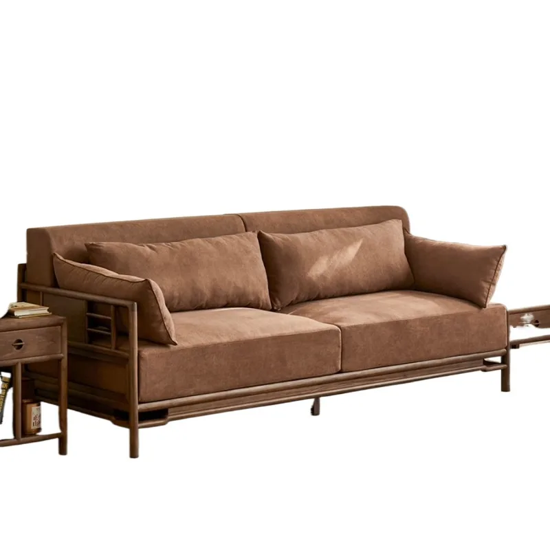 Solid wood sofa North American black walnut new Chinese fabric soft bag three double living room Arhat bed tea
