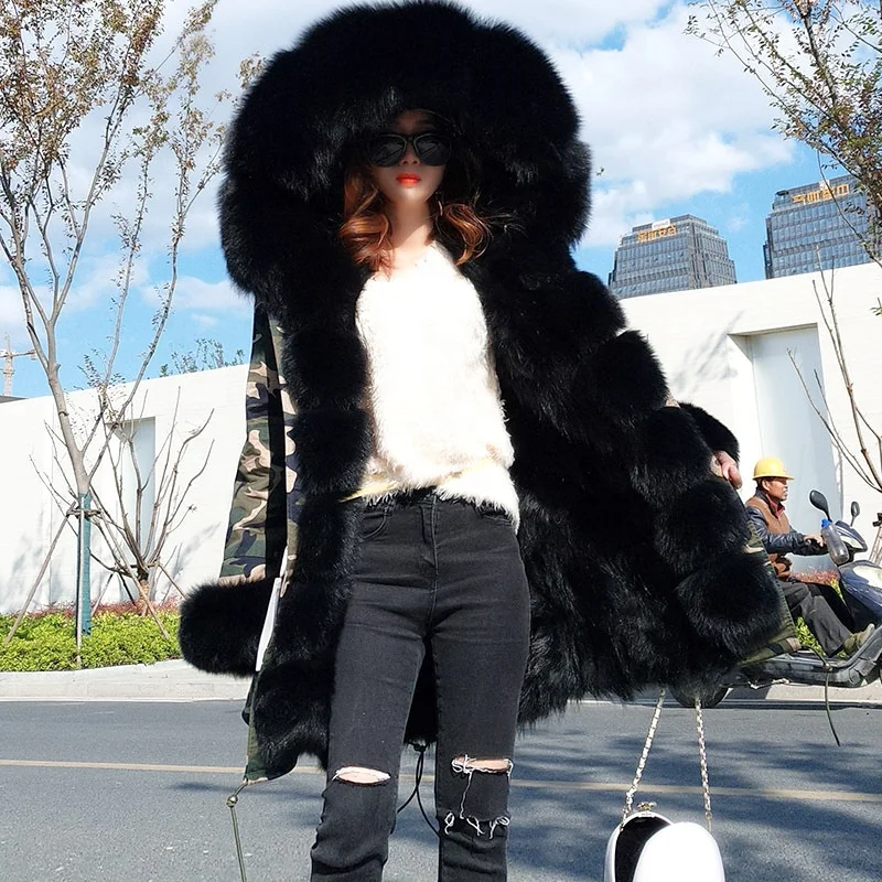Ladies Parkas Hooded Real Fur Coat Fur Lining Cuff Winter Warm Fashion Luxury Fur Coat Women