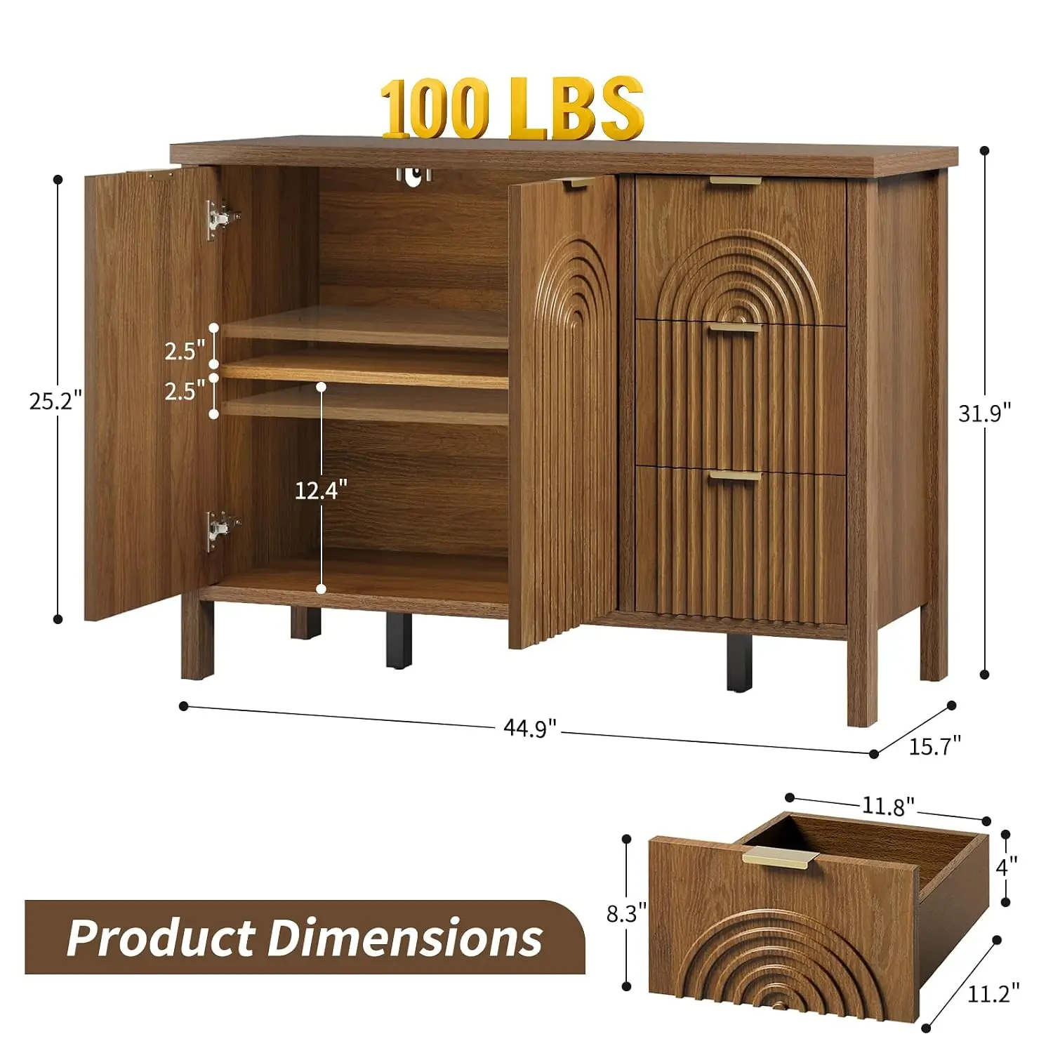 Fluted Sideboard Cabinet with Drawers & Doors, Adjustable Shelf Console for Living Room Kitchen, Walnut, Customized