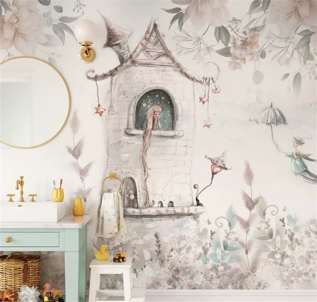 Fairy Tale Castle Background Wallpaper Watercolor Hand drawn Flower Girl Children's Room Custom Mural Bedroom Background Wall