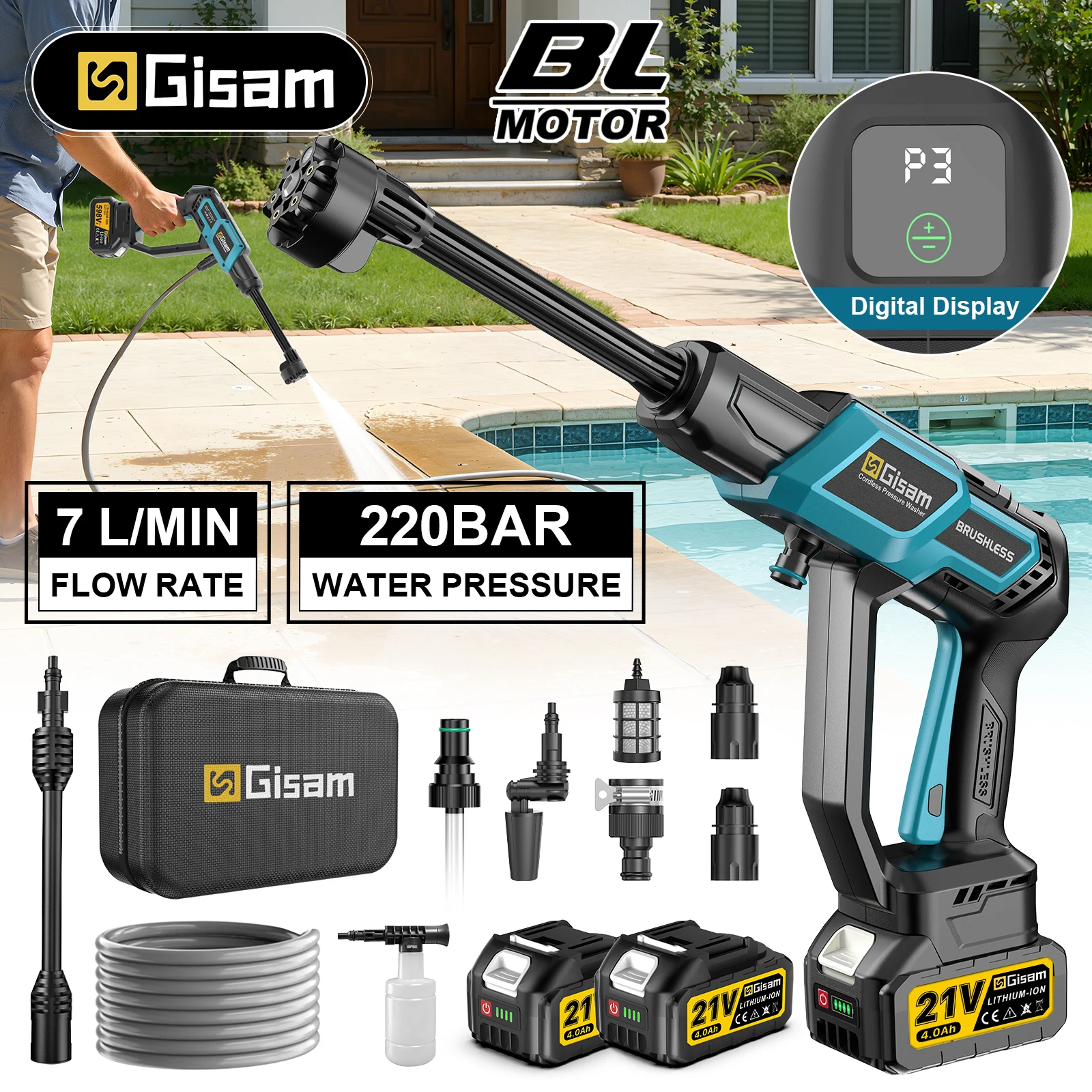 Gisam 220Bar Bürstenloser elektrischer Hochdruck-Autowascher, Gartenwaschpistole, Reinigungswerkzeug für Makita 18V Akku
