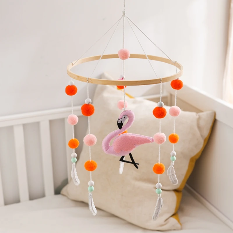 Baby Wooden Mobile Bed Bell Rattle Toys Soft Felt Flamingo Plush Ball Bed Bell Crib Musical Rattle Toys Newborn Bed Bell Bracket