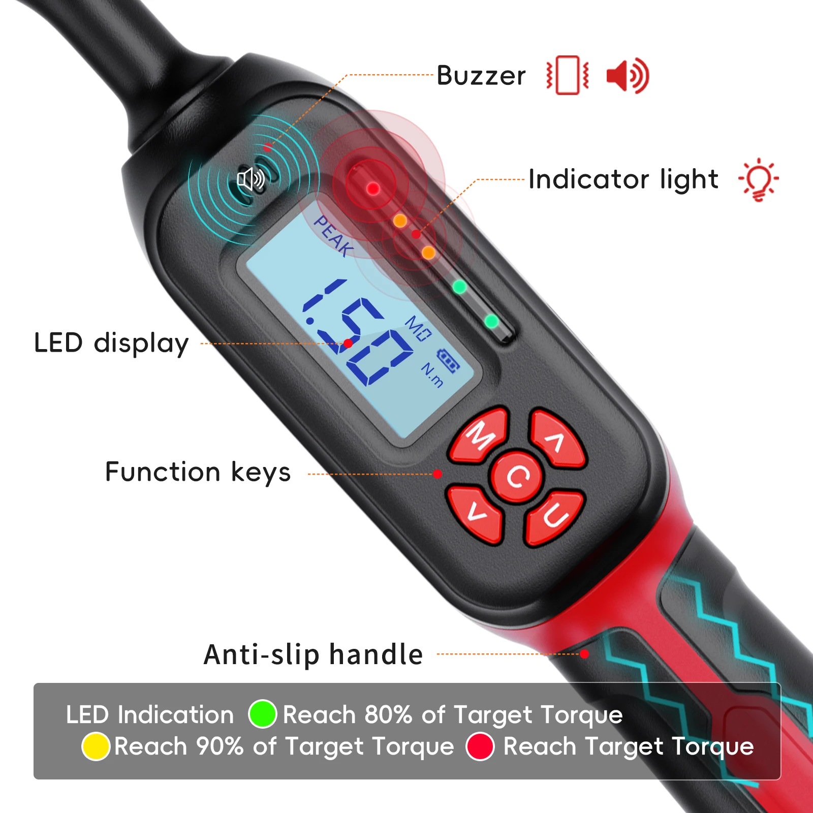 مفتاح عزم الدوران الرقمي MoveCrab 0.6-340Nm ± 2% عالي الدقة ثنائي الاتجاه صفارة بسقاطة وإنذار LED لقياس الدقة #4