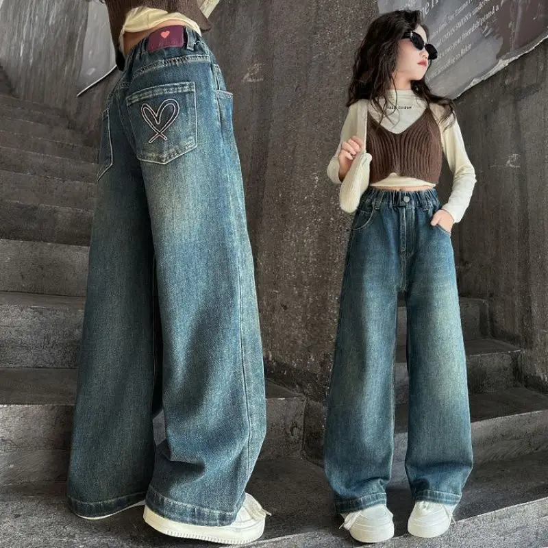 Wide Leg Jeans for Girls Spring Autumn Loose Vintage Straight Retro Pants Fashion Teenage Kids Trousers 6 8 9 10 11 12 14 Years