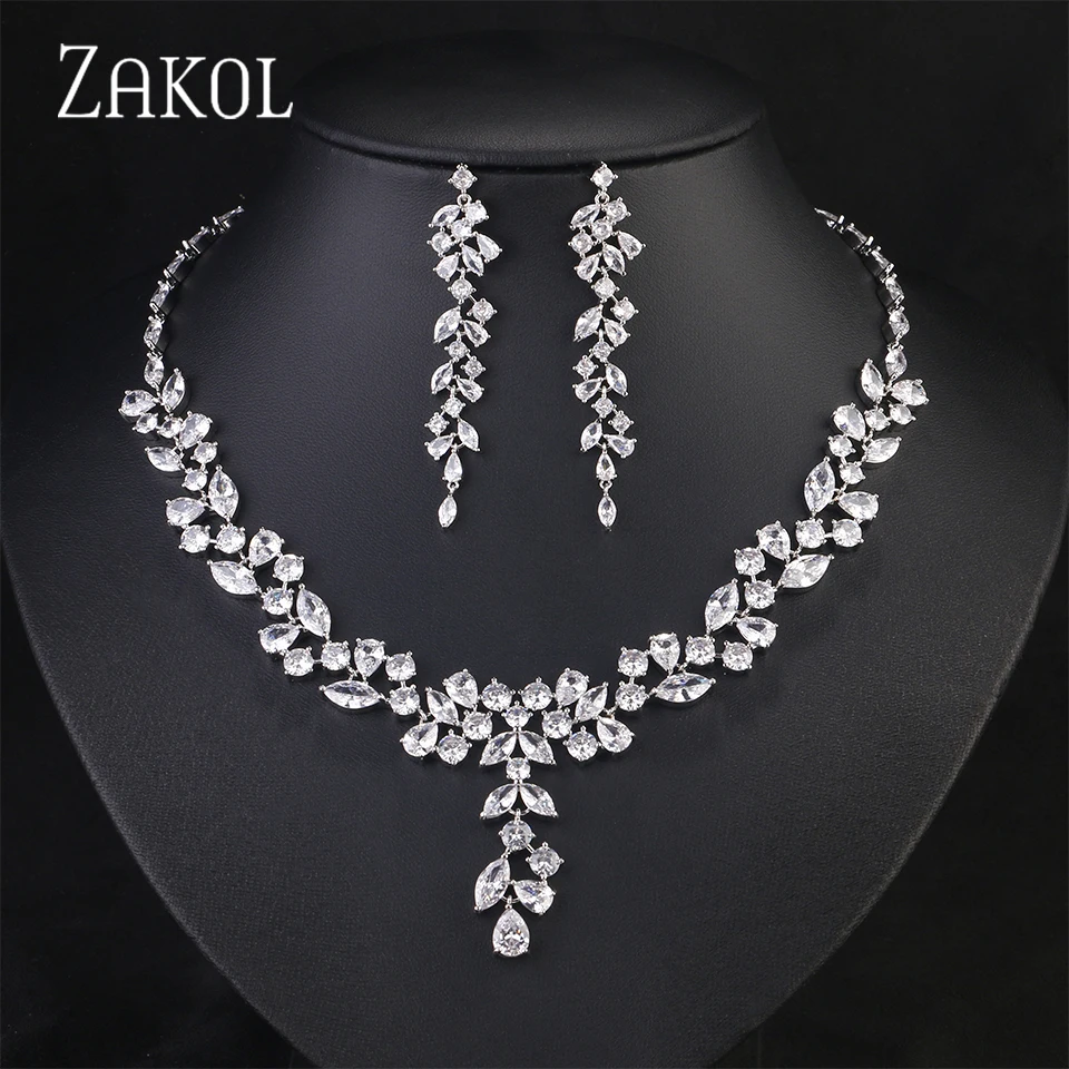 ZAKOL Brand Sliver Color AAA Zirconia Bridal Jewelry Sets Luxury Flower Leaf Clear Zircon Earring Necklaces for Women