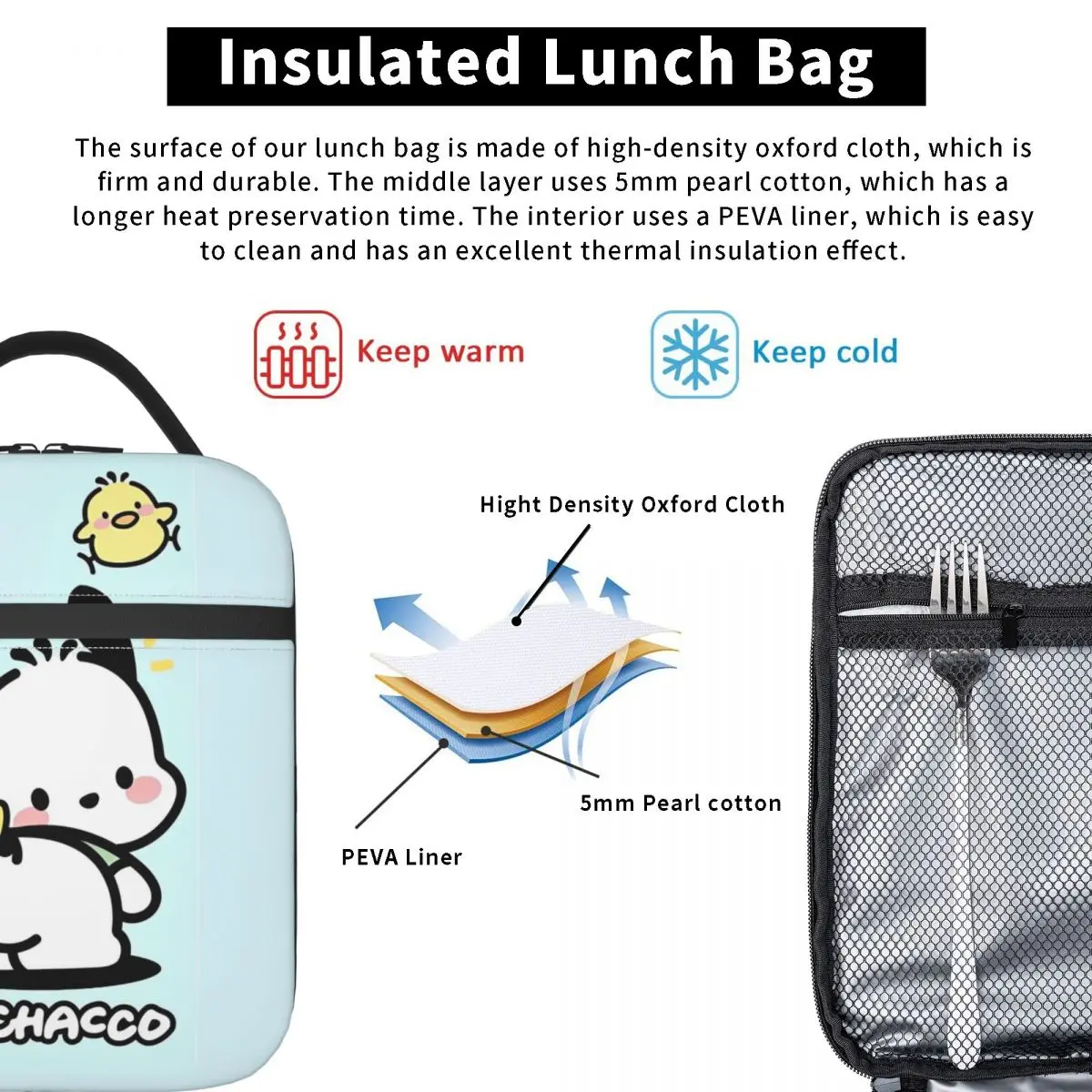 Borsa termica per borsa termica per il pranzo con Pochacco carino Contenitore per il pranzo Tote Lunch Box a tenuta stagna borse per alimenti Picnic