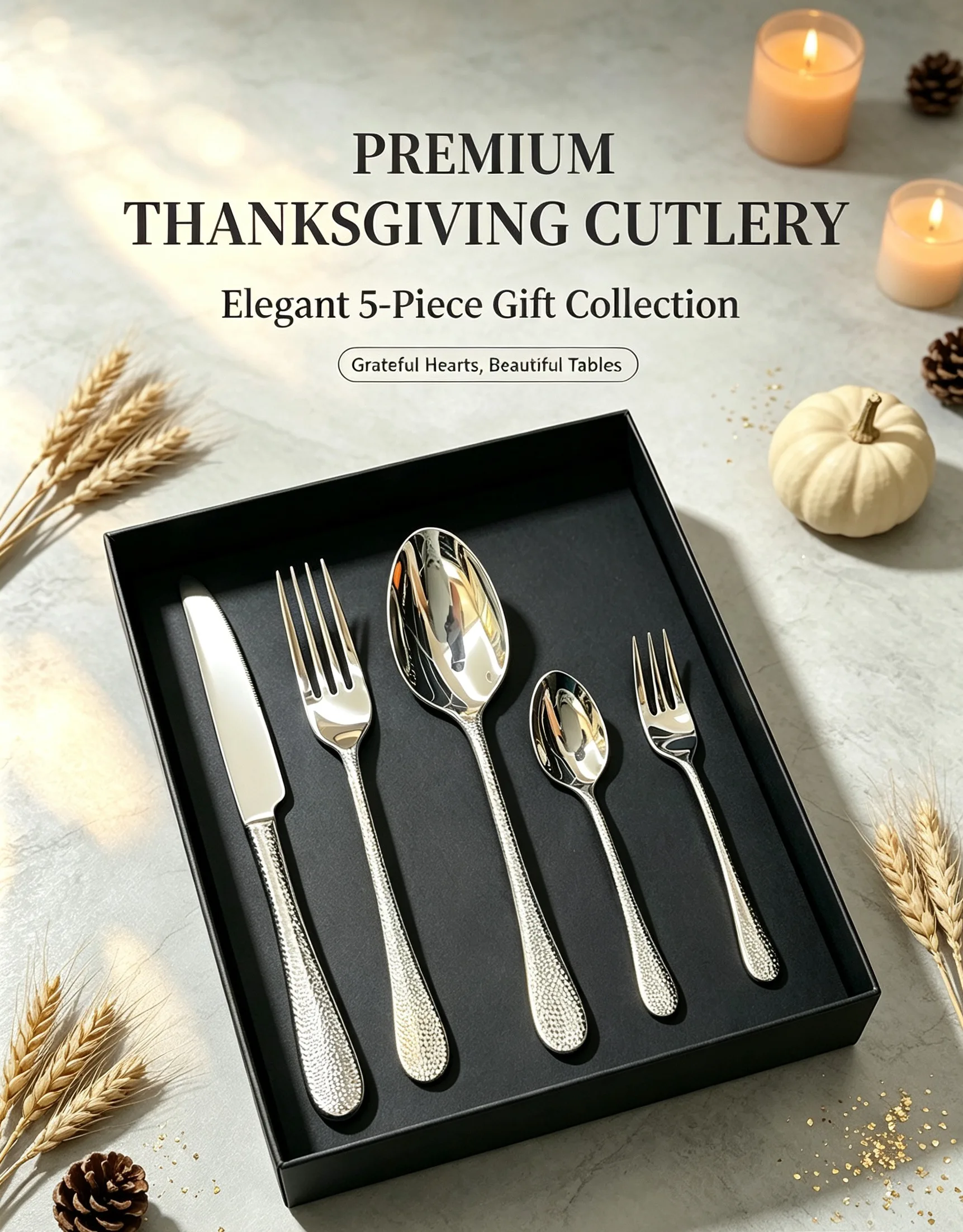 Premium 5‑Piece Smooth Hammer Handle Flatware Set, 420/304 Stainless Steel Elegant Gift Box Pack