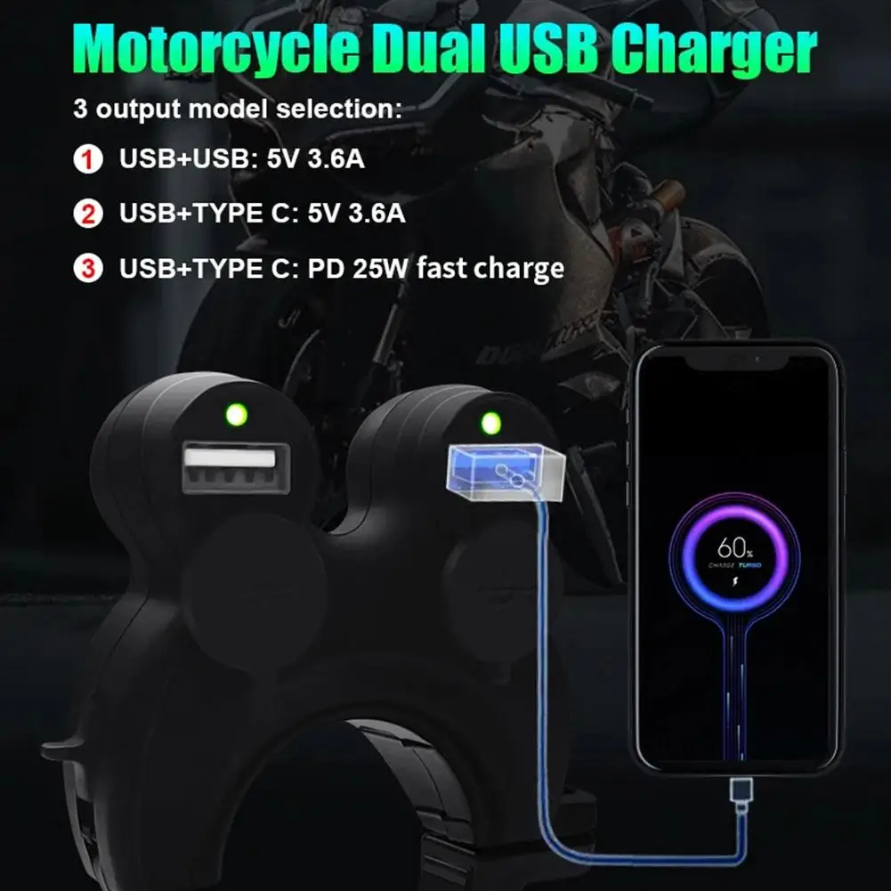 

12v-24v Motorcycle Fast Charger Dual Usb Waterproof Type Power C Socket Cell Phone Mobile Chargers Port With Plug Outlet S5d9