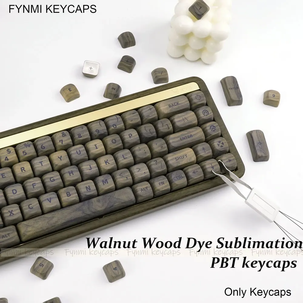 Fynmi ISO ANSI Walnut Wood Theme MOA Profile PBT Dye Sublimation 9.8mm Keycaps Set - 130 Keys for Mechanical Keyboard