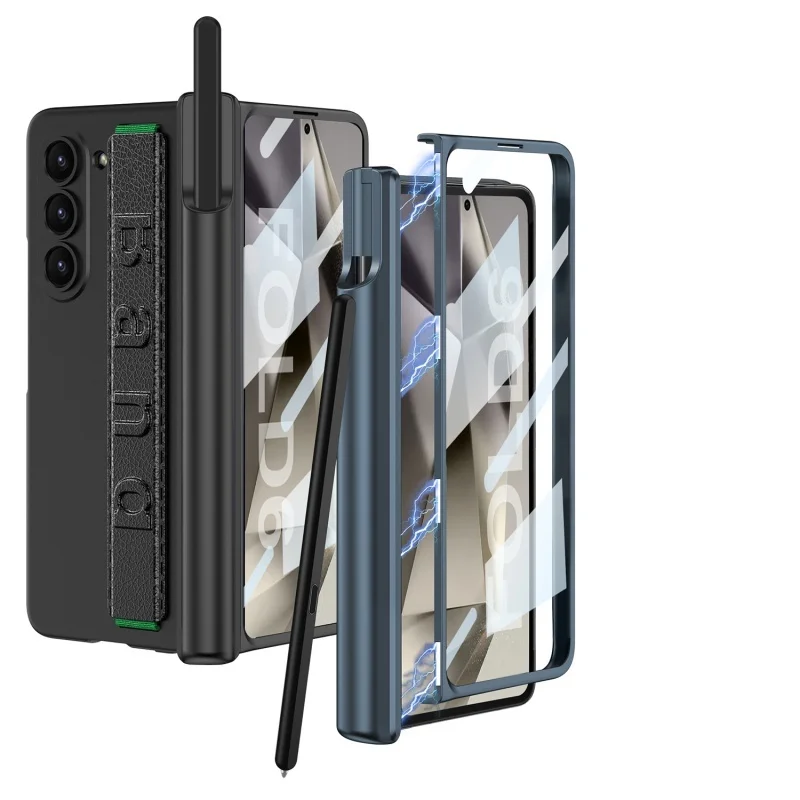 Magnetic Wrist Strap Hinge Pen Container Phone Case For Samsung Galaxy Z Fold 7 6 5 4 3 With Screen Glass Shockproof Hard Cover