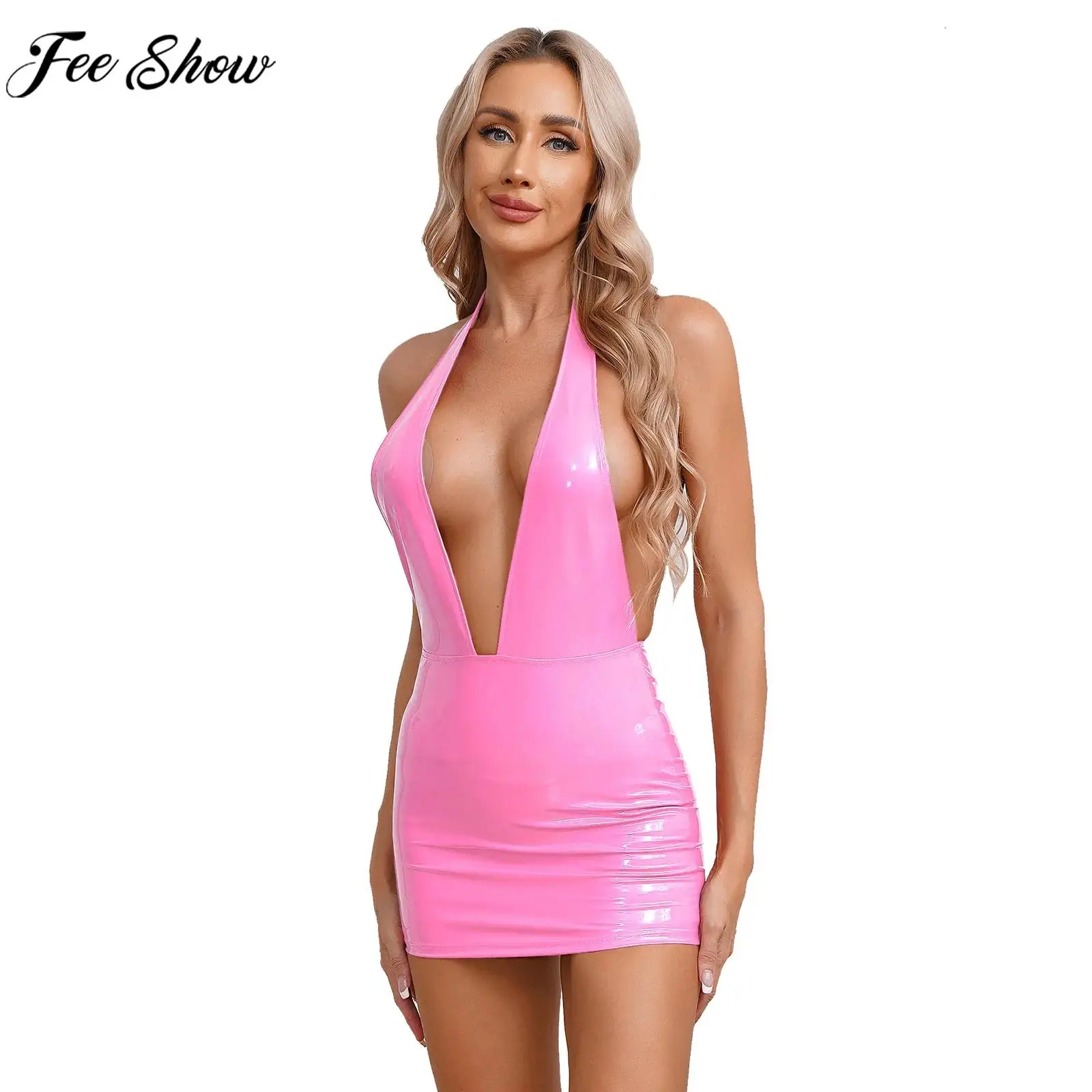 

Women Sexy Deep V Backless Dress Wet Look Patent Leather Bodycon Minidress Nightclub Pole Dancing Costume Clubwear Nightwear