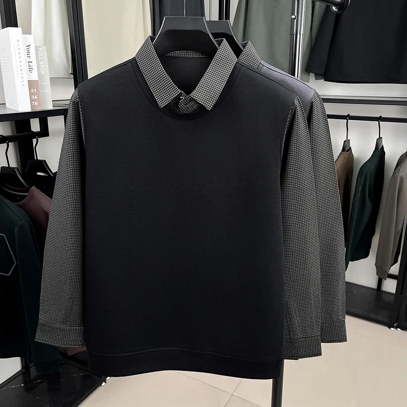 Summer New Men'S Fashion Trend Loose Fake Two-Piece Men'S High-Quality Comfortable Versatile Casual Large Size Long-Sleeved Tops
